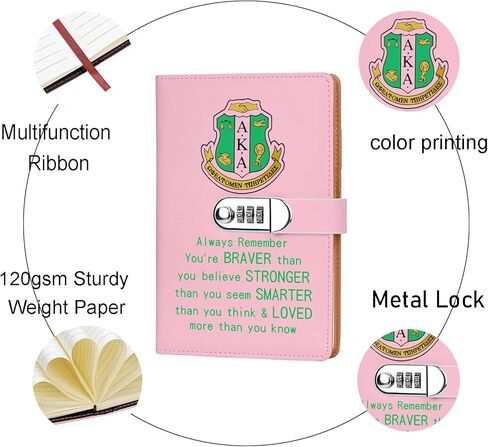 AKA Sorority Gift Leather Combination Lock Notebook for Women Girls Pink and Green Greek Sorority Journal Combination Lock Notebook Sisterhood Graduation Gift (behind you) in Kuwait