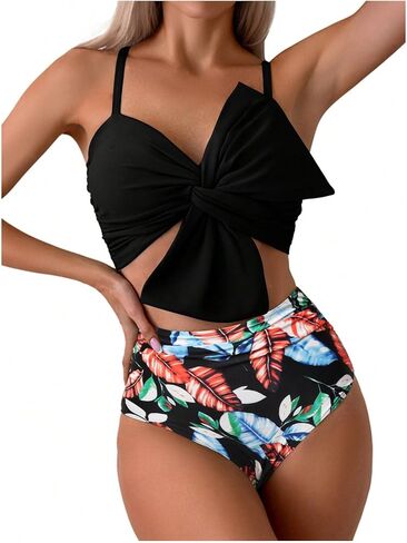 MakeMeChic Women's Two Piece Bikini Sets Twist Front Swimsuit Ruched High Waisted Bathing Suit in Saudi Arabia