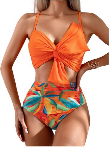 MakeMeChic Women's Two Piece Bikini Sets Twist Front Swimsuit Ruched High Waisted Bathing Suit in Saudi Arabia