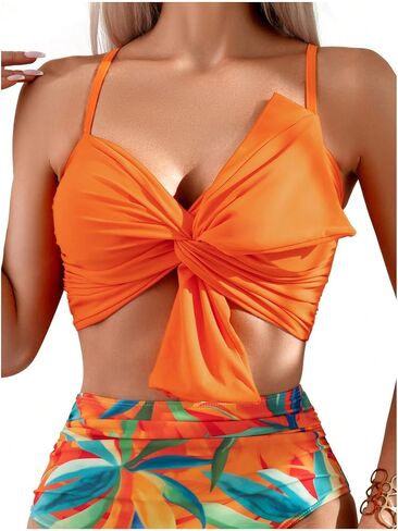 MakeMeChic Women's Two Piece Bikini Sets Twist Front Swimsuit Ruched High Waisted Bathing Suit in Saudi Arabia