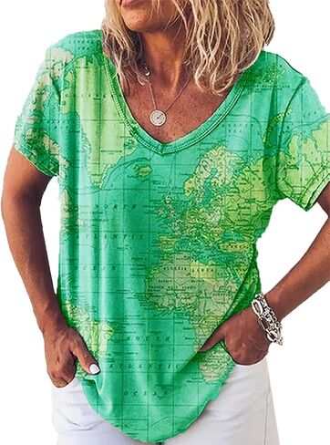 Summer Women's World Map V-Neck Short Sleeve T-Shirt Vintage Pattern Fashion 3D Print Oversized Loose Casual Top in Saudi Arabia