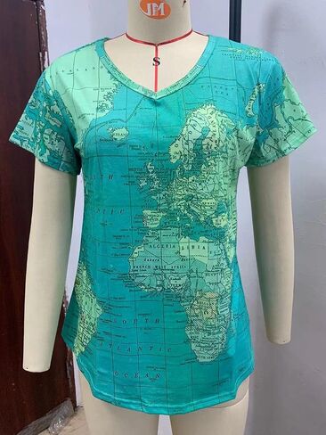 Summer Women's World Map V-Neck Short Sleeve T-Shirt Vintage Pattern Fashion 3D Print Oversized Loose Casual Top in Saudi Arabia