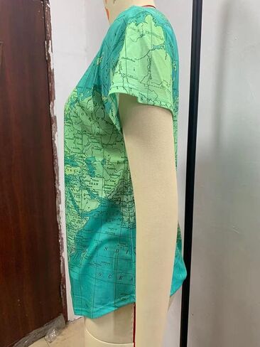 Summer Women's World Map V-Neck Short Sleeve T-Shirt Vintage Pattern Fashion 3D Print Oversized Loose Casual Top in Saudi Arabia