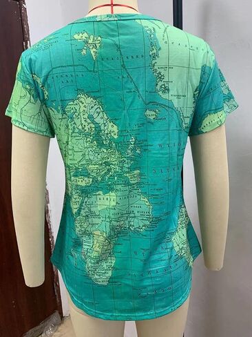 Summer Women's World Map V-Neck Short Sleeve T-Shirt Vintage Pattern Fashion 3D Print Oversized Loose Casual Top in Saudi Arabia