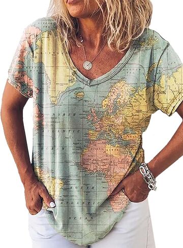 Summer Women's World Map V-Neck Short Sleeve T-Shirt Vintage Pattern Fashion 3D Print Oversized Loose Casual Top in Saudi Arabia