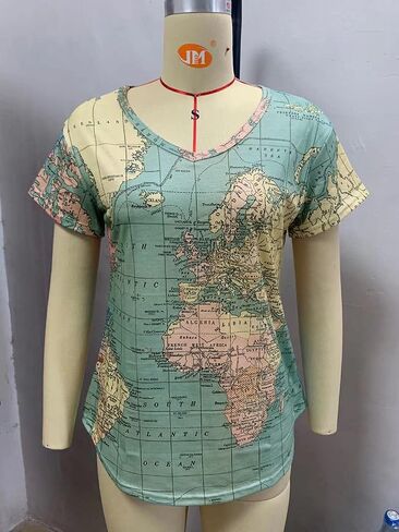 Summer Women's World Map V-Neck Short Sleeve T-Shirt Vintage Pattern Fashion 3D Print Oversized Loose Casual Top in Saudi Arabia
