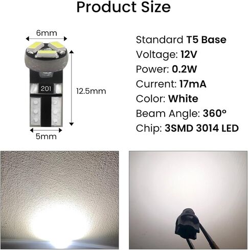 مصابيح T5 LED بيضاء 74 73 37 2721 لوحة قياس لوحة أجهزة قياس السيارة أضواء مؤشر عنقودية مع قاعدة إسفين قفل تويست T5 مقاس 3/8 بوصة 9 مم، حزمة من 10 مجموعات in Saudi Arabia