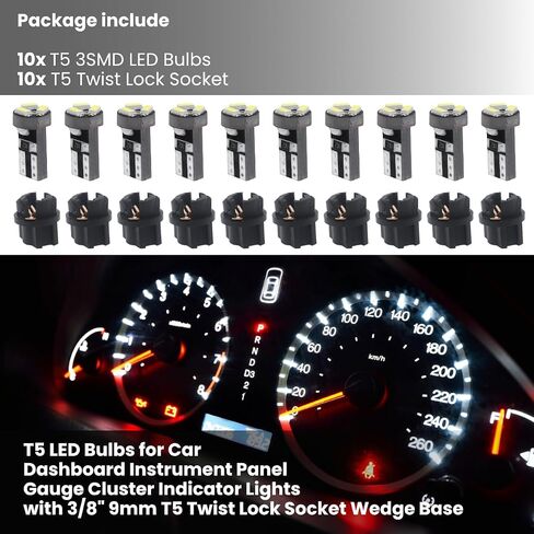 مصابيح T5 LED بيضاء 74 73 37 2721 لوحة قياس لوحة أجهزة قياس السيارة أضواء مؤشر عنقودية مع قاعدة إسفين قفل تويست T5 مقاس 3/8 بوصة 9 مم، حزمة من 10 مجموعات in Saudi Arabia
