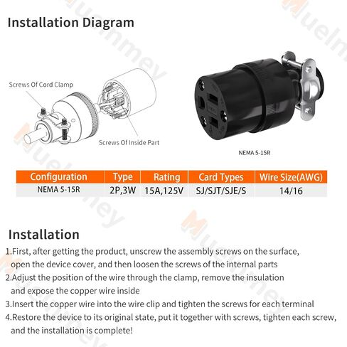 1PCS Extension Cord Ends Electrical Replacement Connector NEMA 5-15R 15A 125V Black Shell 2 Pole 3 Wire Grounding Female Straight Blade Electric Plug Replacement Power Cord Socket,UL Listed. in Saudi Arabia