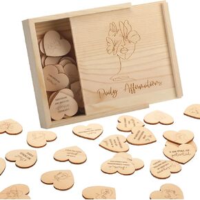 Wooden Positive Affirmations Cards for Women 50 Pcs Heart Shaped Daily Affirmations for Women Empowerment Gifts Female Lines Inspirational Gifts for Women Motivational Quotes Wood Box