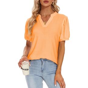 Womens Pleated Puff Long and Short Sleeve Tops V Neck T Shirts Dressy Casual