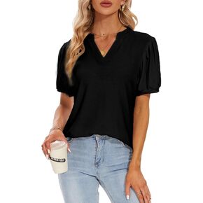 Womens Pleated Puff Long and Short Sleeve Tops V Neck T Shirts Dressy Casual in Kuwait