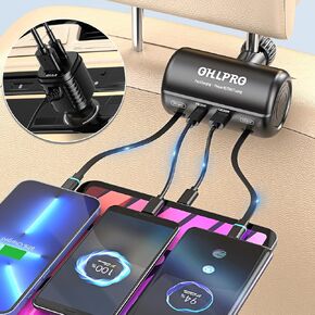 OHLPRO Multi-Car Retractable Backseat Charging Station, 110W Fast Car Charger Adapter for All Phones, Great for Taxi, Uber, Lyft, Rideshare, USB/Type-C/Lightning Charge Ports, Attaches to Headrest
