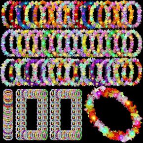 100 Pcs LED Hawaiian Leis Bulk Light up Rainbow Luau Leis Christmas Necklace Flashing Patriotic Hawaiian Tropical Theme Flower Necklace for Holiday Beach Carnival 4th July