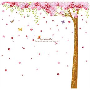 Giant Huge Size Removable Pink Red Romantic Cherry Blossom Tree Wall Decal DIY PVC Butterfly Wall Decorations Art Decor Stickers Murals Wallpaper for Nursery Room Living Room Wall Corner