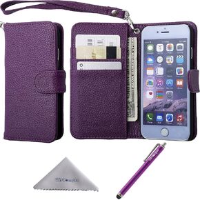 حافظة iPhone 6s /6، حافظة Wisdompro Premium PU جلدية 2 في 1 واقية [محفظة قلابة قابلة للطي] مع حامل بطاقة الائتمان/فتحات وحبل معصم لهاتف Apple 4.7 بوصة iPhone 6s /6 (أرجواني)