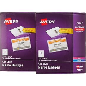Avery Clip Name Badges, Print or Write, 200 Inserts & Badge Holders with Clips, 2-1/4" x 3-1/2", 2 Pack (74461)