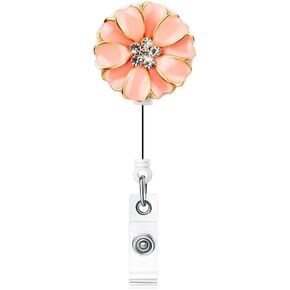 Orange Flowers Holder with ID Badge Camellia, Bling Rhinestone RN Badge Reel Retractable Labels Indexesand Stamps, Women Nurse Badge Holder Retractable Alligator Clip