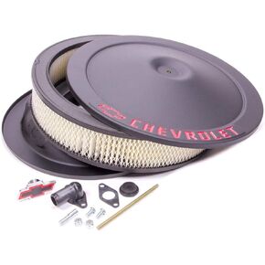 ProForm Air Cleaner Assembly, Classic, 14 in Round, 3 in Element, 5-1/8 in Carb Flange, Drop Base, Red Chevrolet Logo, Steel, Black Crinkle, Kit