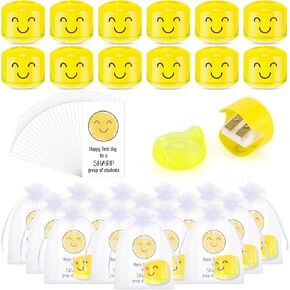 50 Sets First Day of School Gifts Smile Face Pencil Sharpeners Crayon Sharpener First Day of School Card Organza Bag for Students from Teacher Back to School Counselor Supplies