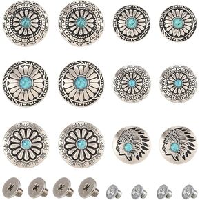 36pcs/12 Sets Faux Turquoise Rivets Kit Round Vintage Western Style Conchos Flower Metal Rapid Rivet Leather Decorative Conchos Nailhead Studs for DIY Shoes Bag Belt Product