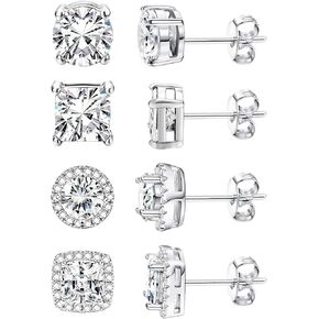 4 Pairs Cubic Zirconia Earrings Studs,14K Small Gold Plated Tiny Stud Earrings Set,CZ Stud Earrings Square Round Teardrop Heart Halo Stud Earrings Hypoallergenic for Women