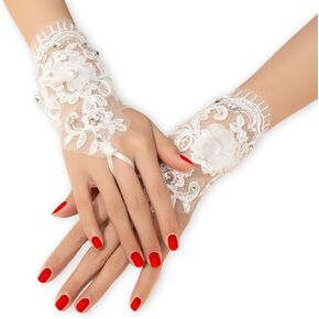 Rhinestone Flower White Lace Gloves Pearl Fingerless Short Wedding Tulle Gloves for Bride Wedding Party Costume Accessories 1 Pair