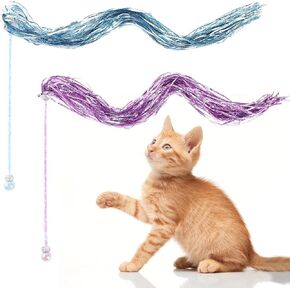 2PCS Cat Wand Toy, Interactive Cat Toy with Shiny Tassel and Loud Jingle Bell, Crystal Beaded Crown Cat Feather Replacements for Indoor Cats Kitten Play Chase Exercise, 26 Inch Long