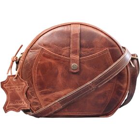 Round Genuine Leather Crossbody Bag Girls Side Sling Cross-Over Handbag