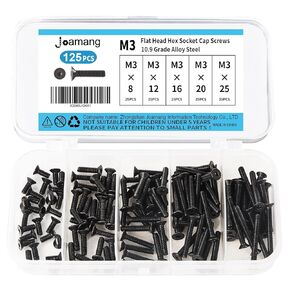 M4 x 20mm 25mm 30mm 35mm 40mm Flat Head Hex Socket Cap Screws Countersunk Bolts, 10.9 Grade Alloy Steel, Black Oxide Finish, Metric Allen Hex Drive, Fully Threaded, Assortment Kit 50Pcs