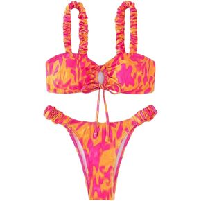 Women's Floral Print Bathing Suit Ruffle Trim Tie Back Swimsuit Bikini Set 2 Piece