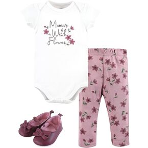 Hudson Baby Unisex Baby Cotton Bodysuit, Pant and Shoe Set, Plum Wildflower, 9-12 Months