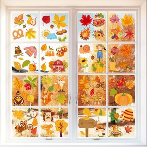 7 Sheets Thanksgiving Day Window Clings Fall Leaves Squirrel Pumpkin Cartoon Window Door Stickers Autumn Background Decorations Static Glass Stickers Home Decor Window Film
