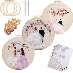 MovFlax Embroidery Kit for Beginners, Stamped Cross Stitch Starter Kits for Adults with Water Soluble Patterns, Hand Embroidery Wedding Kit with Hoops, Needles and Instructions (Craft Gift)