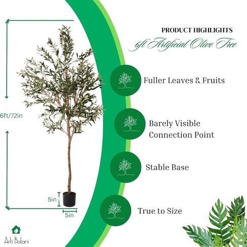 Arti Botani 6FT Artificial Olive Tree - Realistic Faux Silk Indoor Plant with Lifelike Olives, Sturdy Natural Wood Trunk - Perfect for Home & Office Decor - Includes Free Beginner's Guide eBook in Saudi Arabia