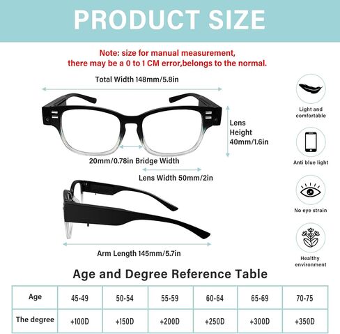 Reading Glasses with Lights Magnifying Glasses with Light Bright LED Readers Lighted Reading Glasses Blue Light Blocking Eyeglasses for Men/Women Lighted Magnifier Nighttime Lighted Eye Glasses+250 in Saudi Arabia