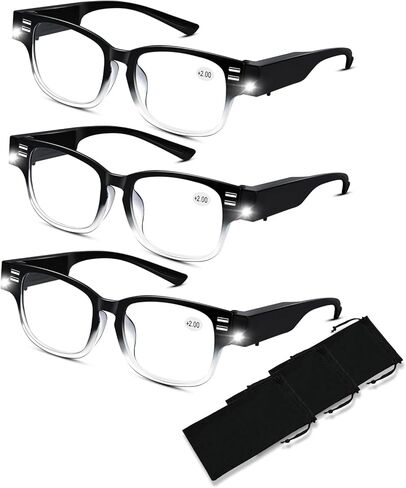 نظارات القراءة مع الأضواء نظارات مكبرة مع قارئات LED ساطعة خفيفة نظارات قراءة مضاءة نظارات زرقاء تحجب الضوء للرجال / النساء نظارات مكبرة مضاءة ليلاً + 250 in Kuwait