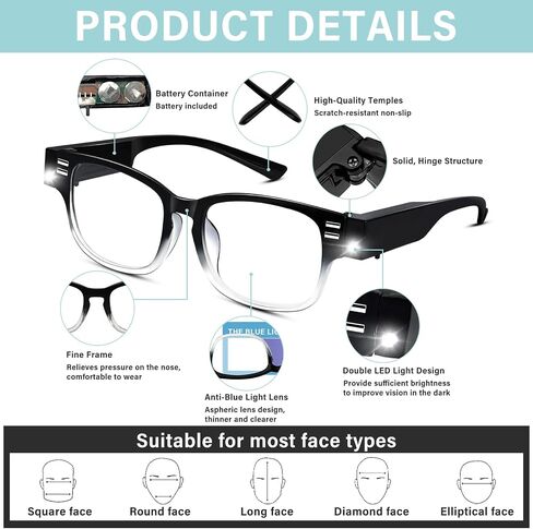 Reading Glasses with Lights Magnifying Glasses with Light Bright LED Readers Lighted Reading Glasses Blue Light Blocking Eyeglasses for Men/Women Lighted Magnifier Nighttime Lighted Eye Glasses+250 in Saudi Arabia
