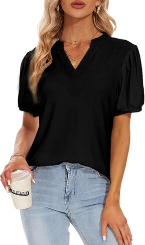 Womens Pleated Puff Long and Short Sleeve Tops V Neck T Shirts Dressy Casual in Kuwait
