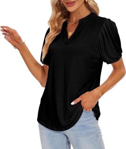Womens Pleated Puff Long and Short Sleeve Tops V Neck T Shirts Dressy Casual in Kuwait