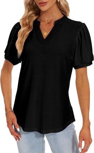 Womens Pleated Puff Long and Short Sleeve Tops V Neck T Shirts Dressy Casual in Kuwait