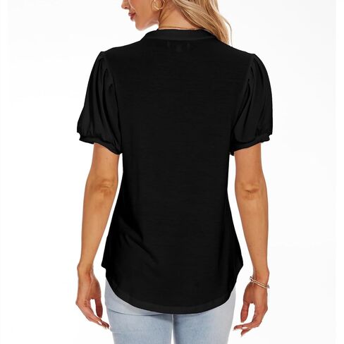 Womens Pleated Puff Long and Short Sleeve Tops V Neck T Shirts Dressy Casual in Kuwait