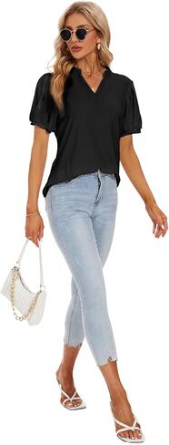 Womens Pleated Puff Long and Short Sleeve Tops V Neck T Shirts Dressy Casual in Kuwait