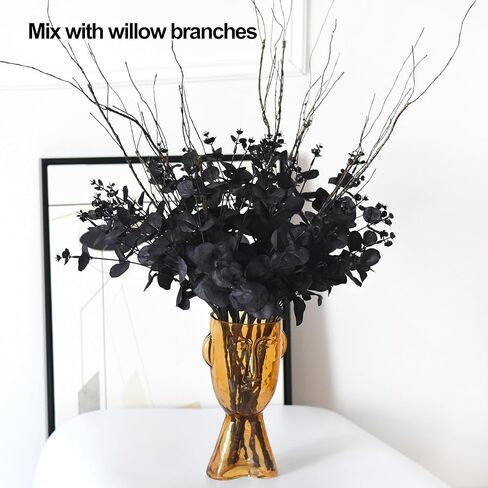 3 حزم من سيقان الأوكالبتوس السوداء الاصطناعية، 48 فرعًا من أوراق الأوكالبتوس باقة فروع لترتيب الزهور بنفسك، زهور حرير سوداء للمنزل وغرفة الهالوين والحمام والمطبخ والديكور القوطي in Kuwait