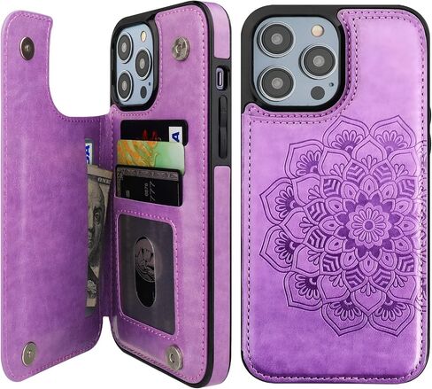 Vaburs Compatible with iPhone 14 Pro Max Case Wallet with Card Holder, Embossed Mandala Pattern Flower PU Leather Double Buttons Flip Shockproof Cover for Magnetic Car Mount 6.7 Inch (Blue) in Saudi Arabia