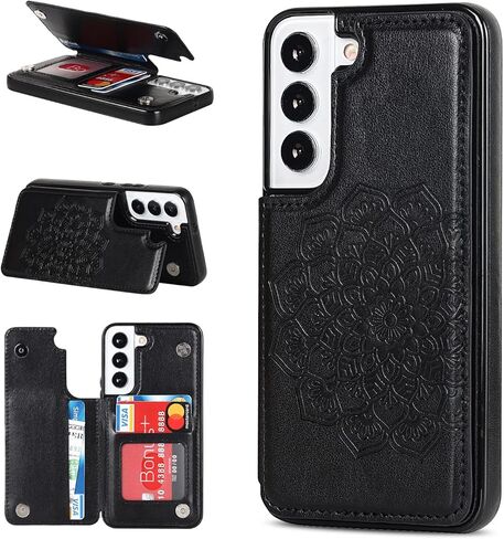 حافظة سامسونج جالاكسي S22Plus 5G حافظة S22 Plus مع حامل بطاقات الائتمان مع فتحة للبطاقة وحافظة جلدية لهاتف سامسونج S22Plus 6.7 بوصة (أسود) in Kuwait