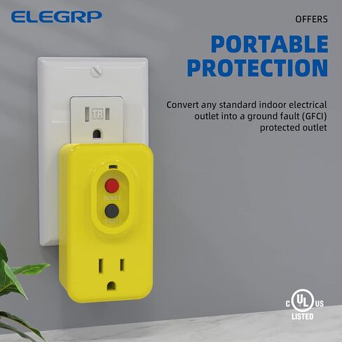 محول GFCI بمنفذ واحد من ELEGRP، محول GFCI مؤرض 15 أمبير، للاستخدام الداخلي مع إعادة الضبط اليدوي، مدرج في قائمة UL، أصفر، حزمة واحدة in Kuwait