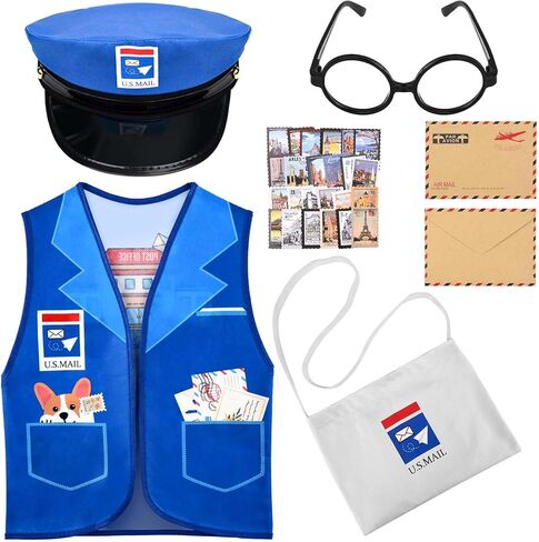 مجموعة أزياء ساعي البريد تتضمن سترة زرقاء وحقيبة قماشية وأظرف ونظارات وقبعة لمستلزمات الهالوين ساعي البريد التنكرية in Kuwait