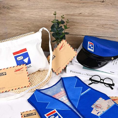 مجموعة أزياء ساعي البريد تتضمن سترة زرقاء وحقيبة قماشية وأظرف ونظارات وقبعة لمستلزمات الهالوين ساعي البريد التنكرية in Kuwait