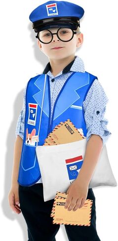 مجموعة أزياء ساعي البريد تتضمن سترة زرقاء وحقيبة قماشية وأظرف ونظارات وقبعة لمستلزمات الهالوين ساعي البريد التنكرية in Kuwait